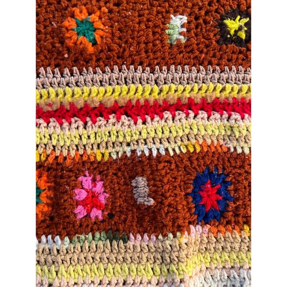 Vintage 70s Handmade Sampler Granny Afghan Crochet Blanket Throw Fringe 38x30 - Picture 5 of 6